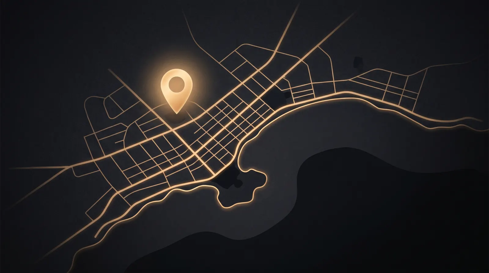 An aerial night map of a coastal town with glowing streets and a radiant location pin