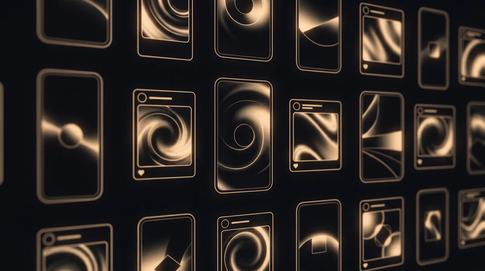 A rhythmic grid of glowing social media post frames on a dark background