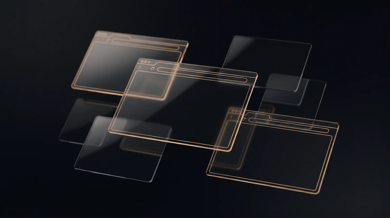 Abstract dark website interface panels outlined in sand gold, Mensia web design