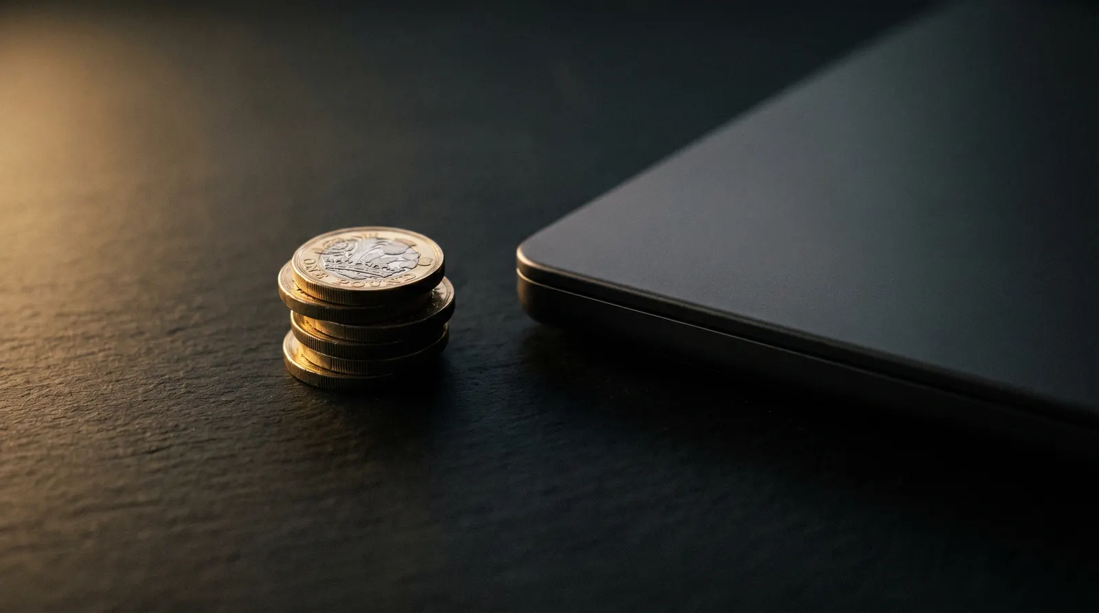 A stack of pound coins beside a dark laptop, what a small business website costs